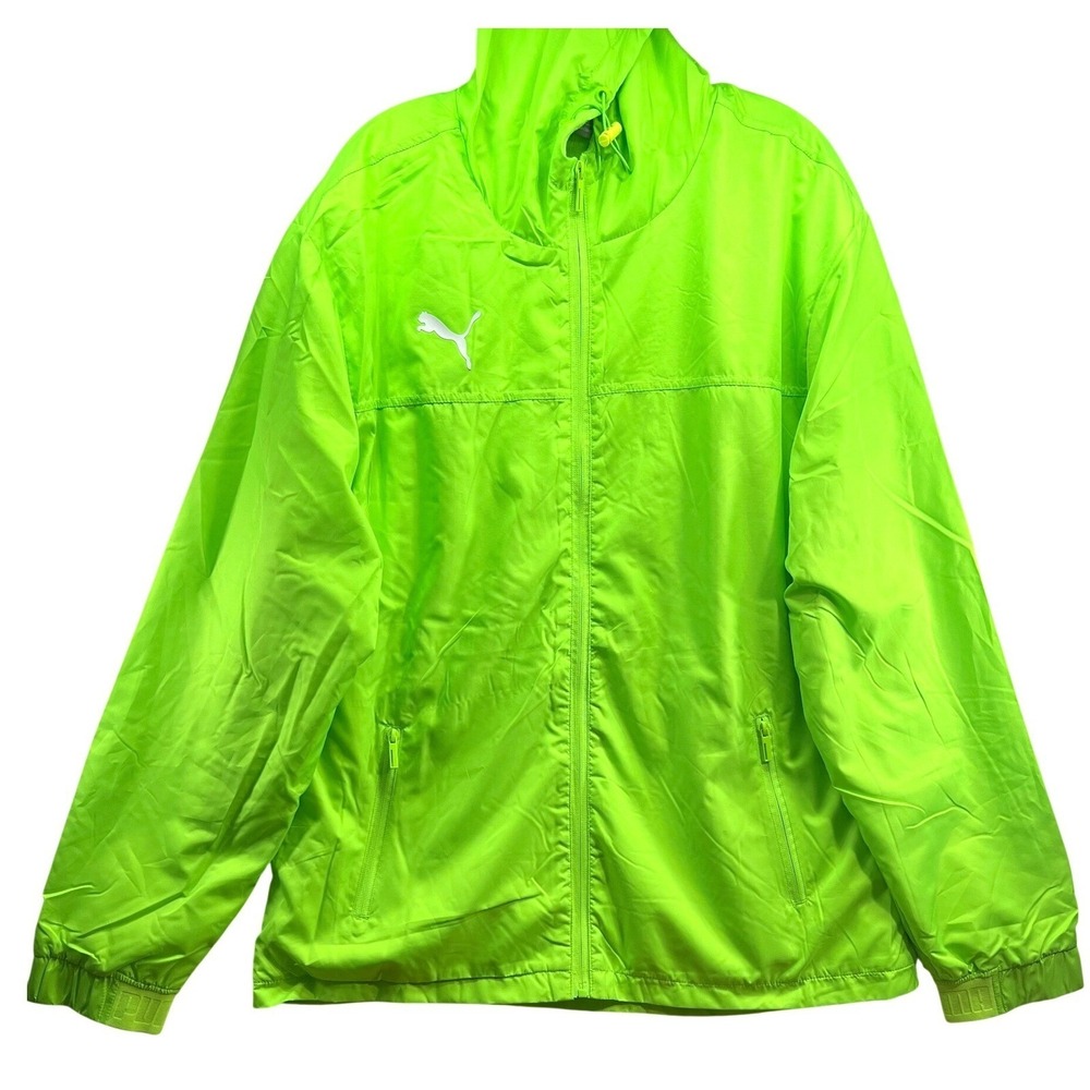 Puma Mens XL Fleece Lined Hooded Windbreaker Jacket Neon Green Full Zip New - Picture 2 of 11